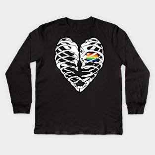 Rainbow Heart Ribcage TShirt - Halloween Skeleton LGBT Shirt Kids Long Sleeve T-Shirt